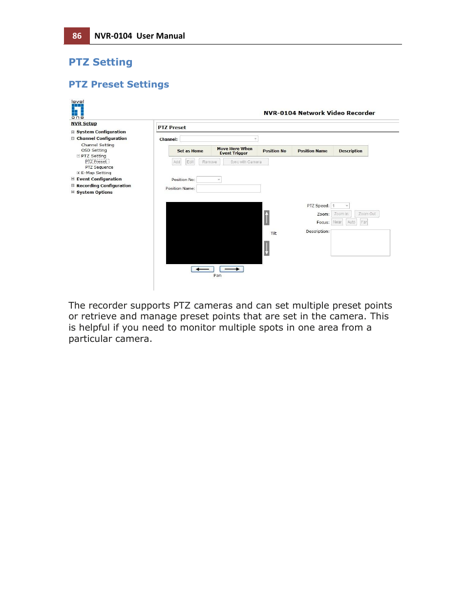 Ptz setting, Ptz preset settings | LevelOne NVR-0104 User Manual | Page 86 / 157