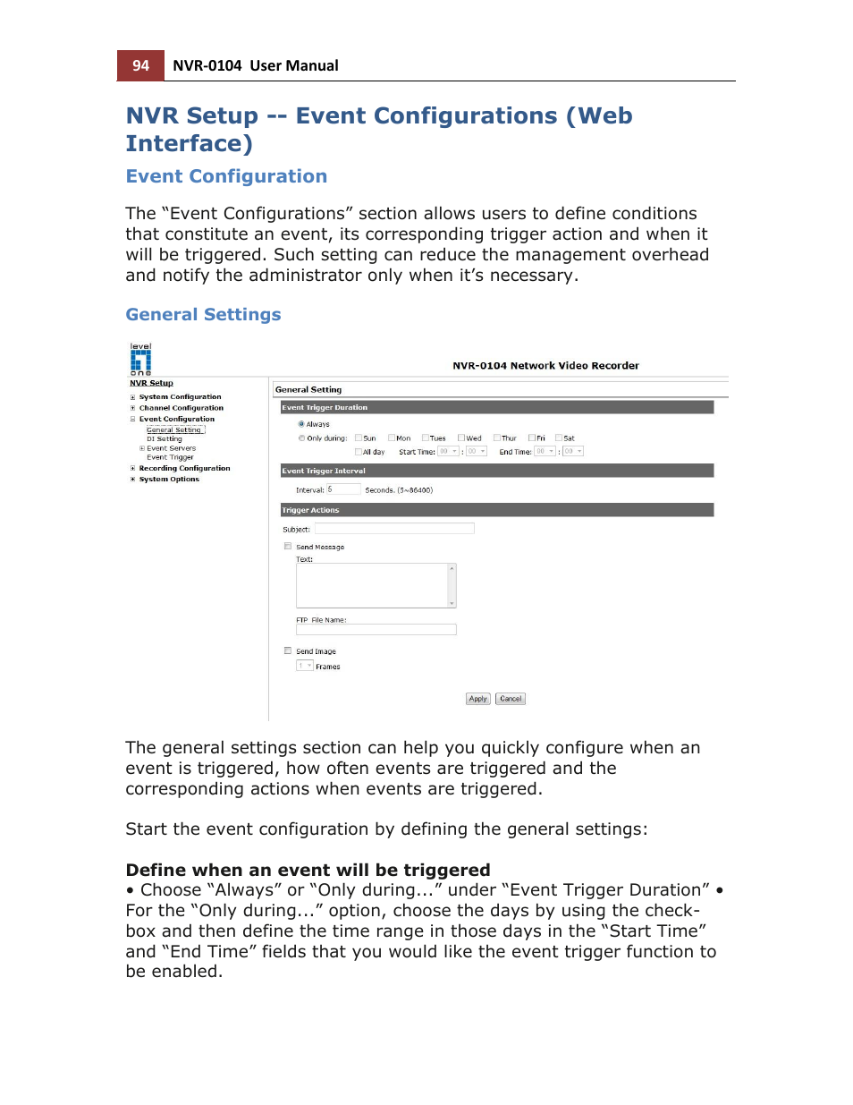 Nvr setup -- event configurations (web interface), Event configuration, General settings | LevelOne NVR-0104 User Manual | Page 94 / 157