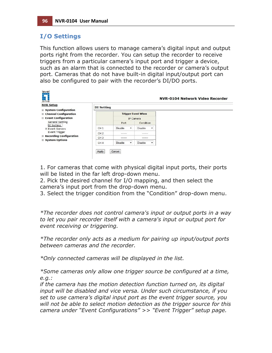 I/o settings | LevelOne NVR-0104 User Manual | Page 96 / 157
