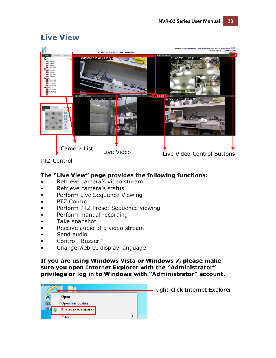 Live view | LevelOne NVR-0216 User Manual | Page 23 / 116