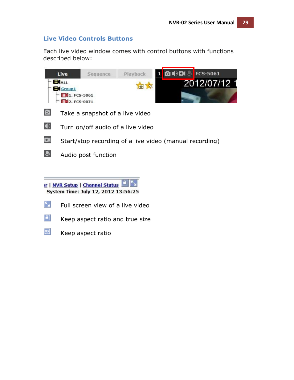 Live video controls buttons | LevelOne NVR-0216 User Manual | Page 29 / 116