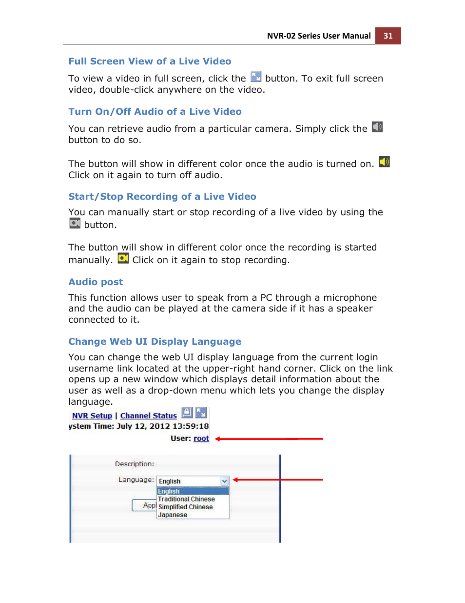 Full screen view of a live video, Turn on/off audio of a live video, Start/stop recording of a live video | Audio post, Change web ui display language | LevelOne NVR-0216 User Manual | Page 31 / 116