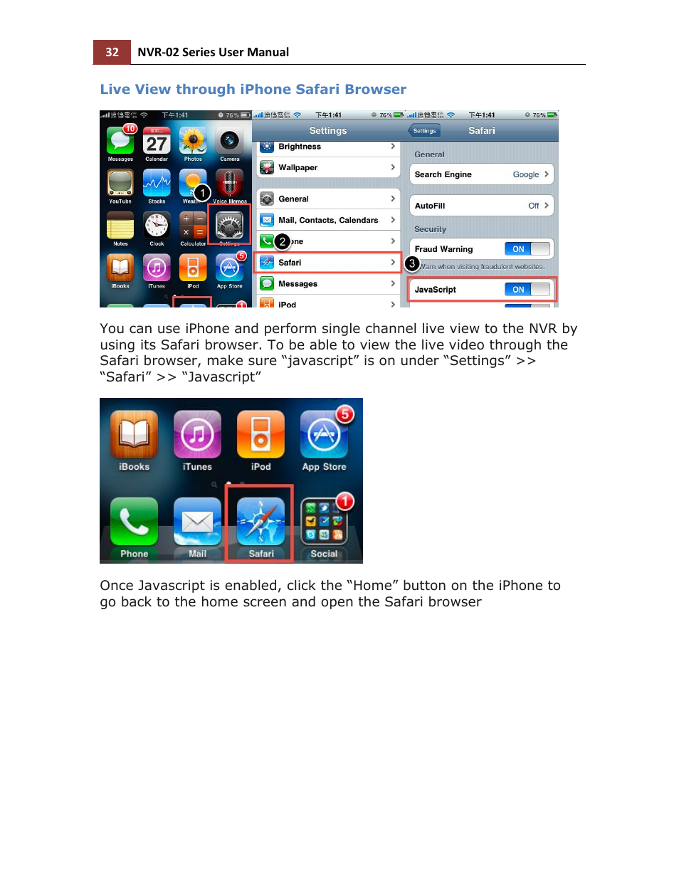 Live view through iphone safari browser | LevelOne NVR-0216 User Manual | Page 32 / 116