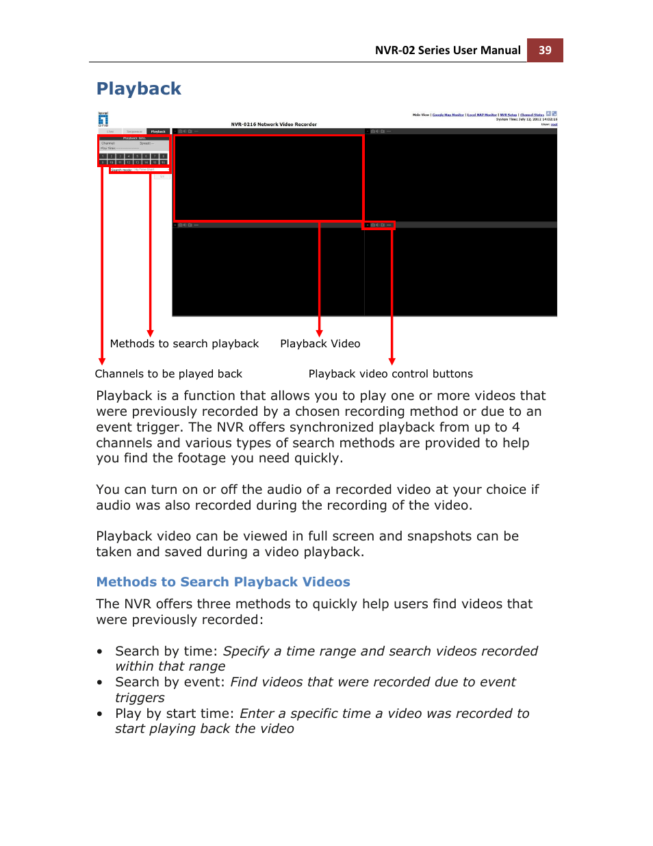 Playback, Methods to search playback videos | LevelOne NVR-0216 User Manual | Page 39 / 116