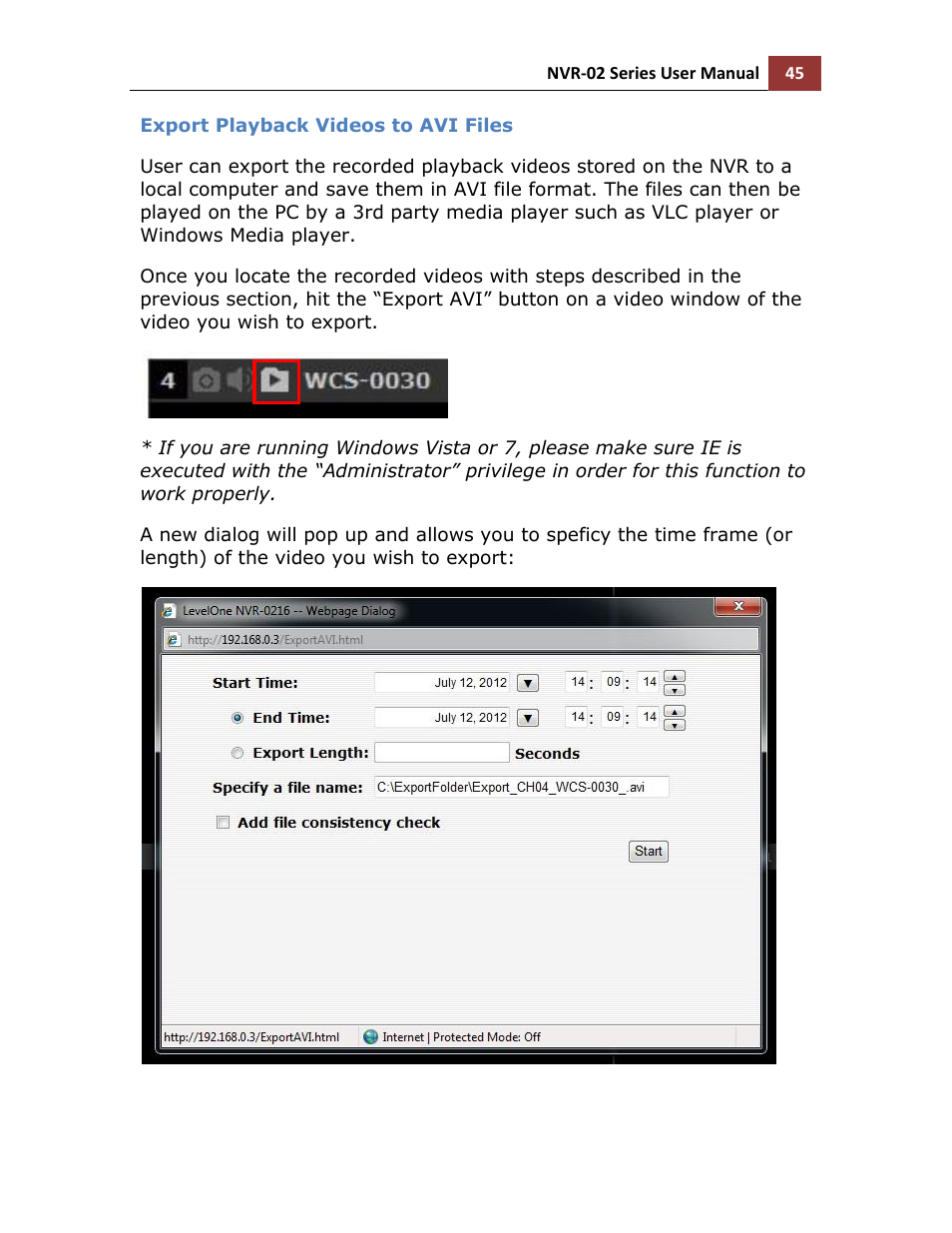 Export playback videos to avi files | LevelOne NVR-0216 User Manual | Page 45 / 116