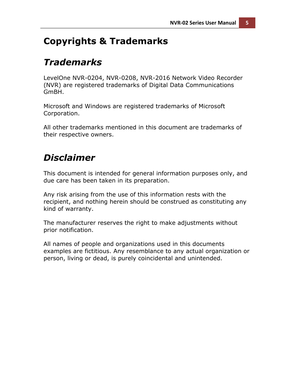 Copyrights & trademarks trademarks, Disclaimer | LevelOne NVR-0216 User Manual | Page 5 / 116