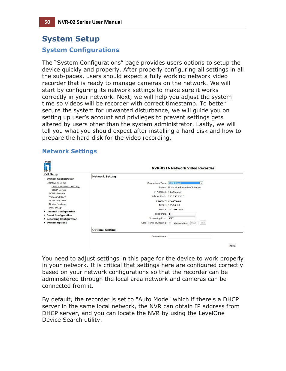 System setup, System configurations, Network settings | LevelOne NVR-0216 User Manual | Page 50 / 116