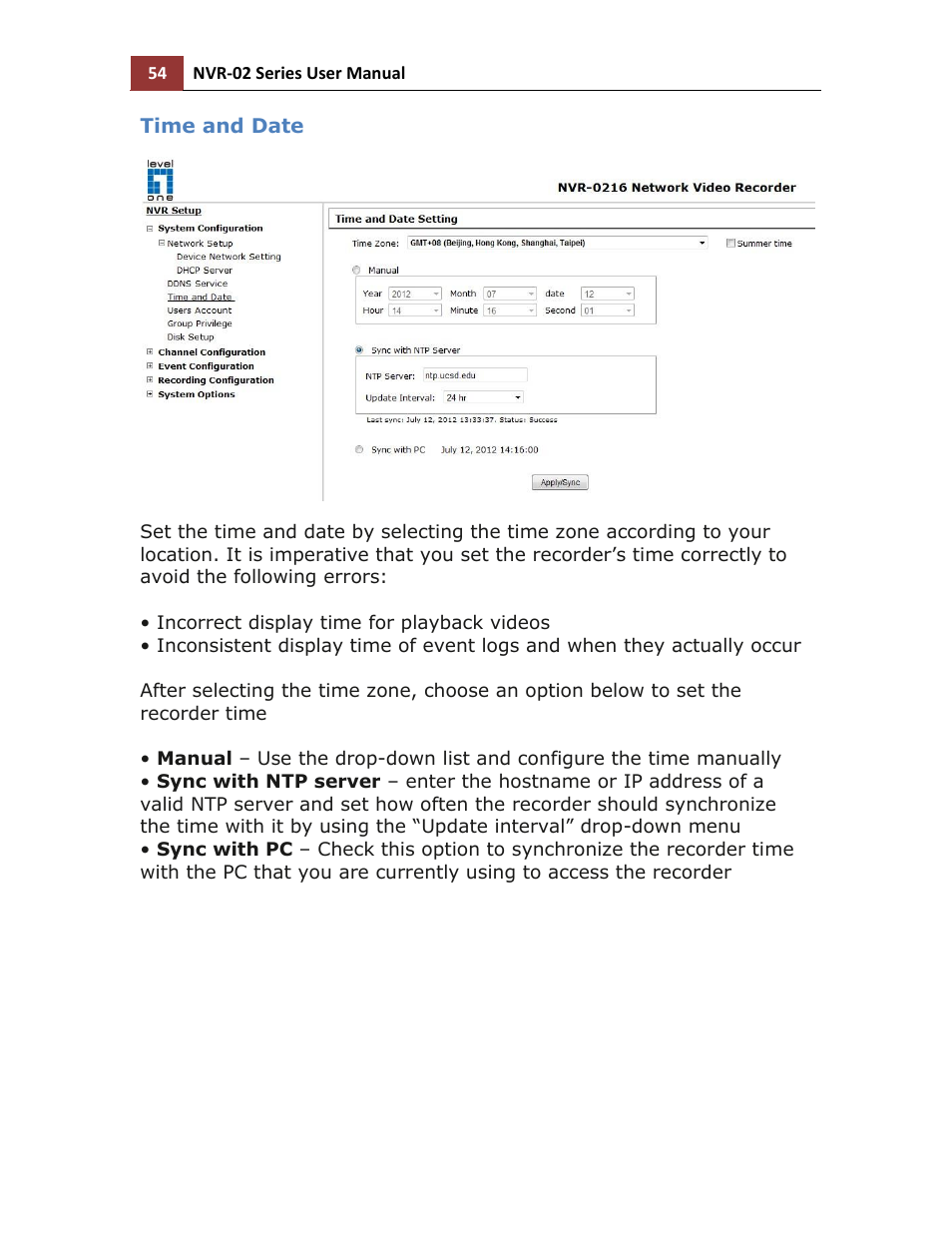 Time and date | LevelOne NVR-0216 User Manual | Page 54 / 116