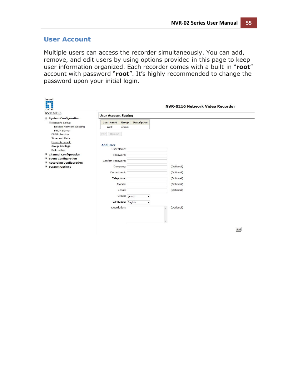 User account | LevelOne NVR-0216 User Manual | Page 55 / 116