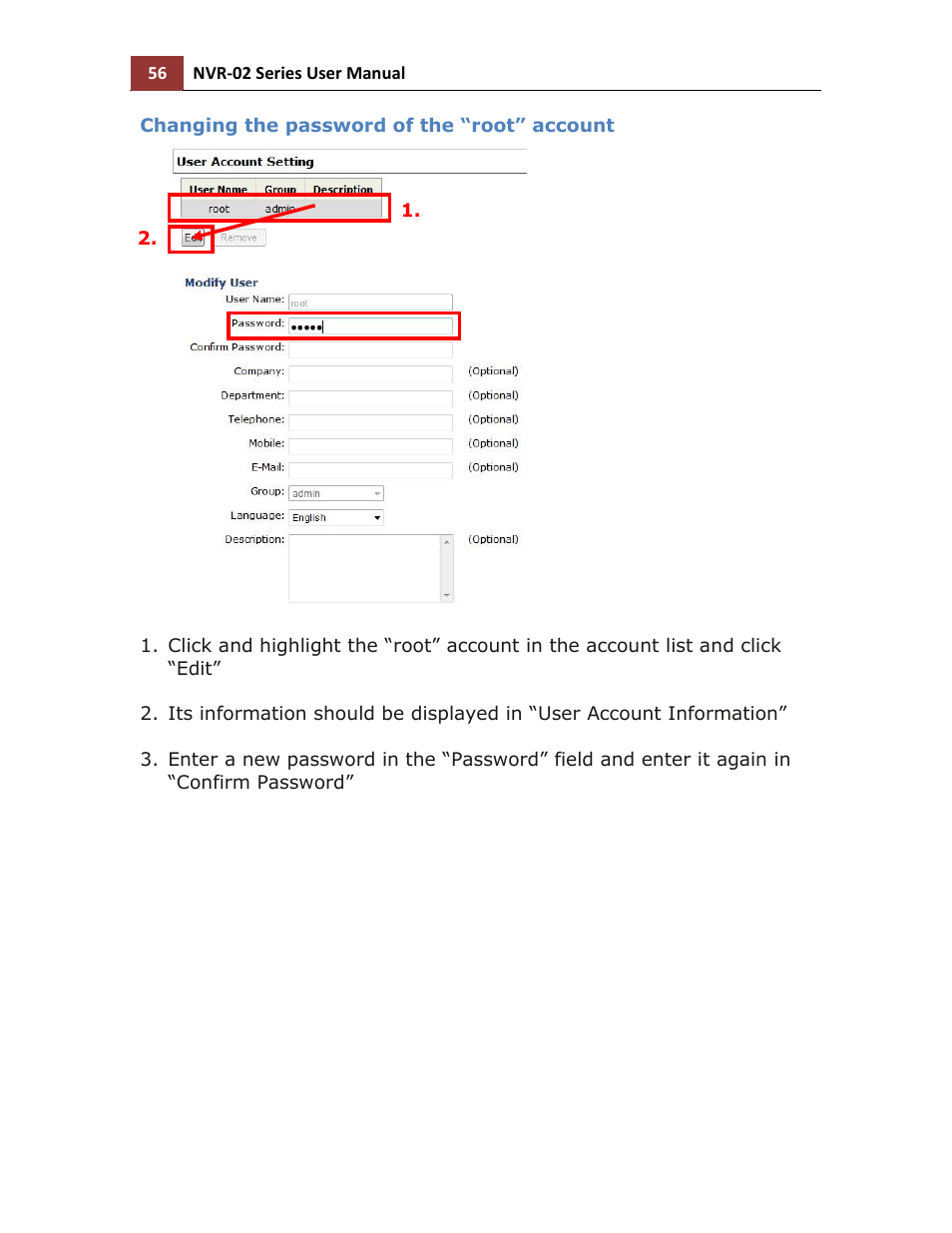 Changing the password of the “root” account | LevelOne NVR-0216 User Manual | Page 56 / 116