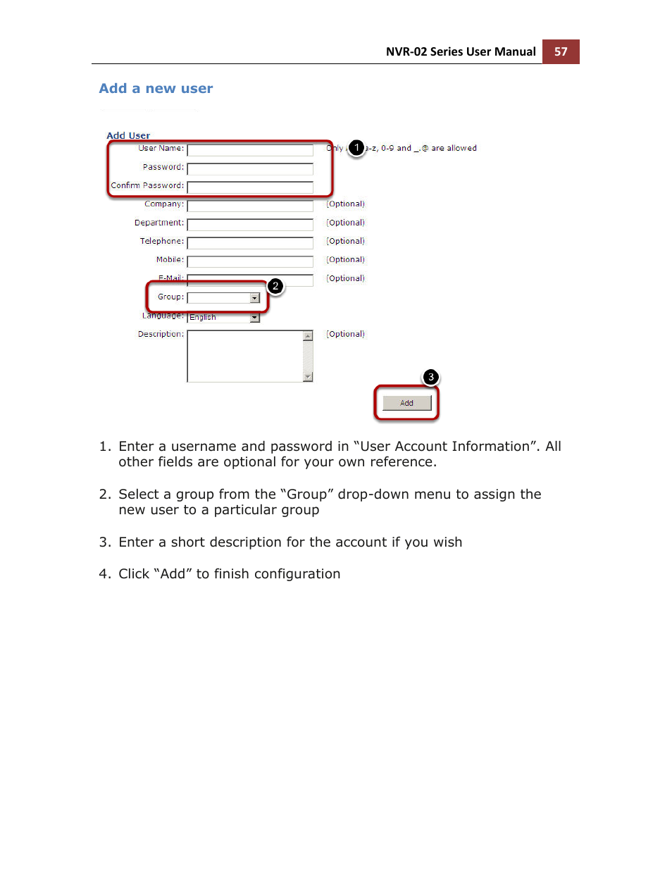 Add a new user | LevelOne NVR-0216 User Manual | Page 57 / 116