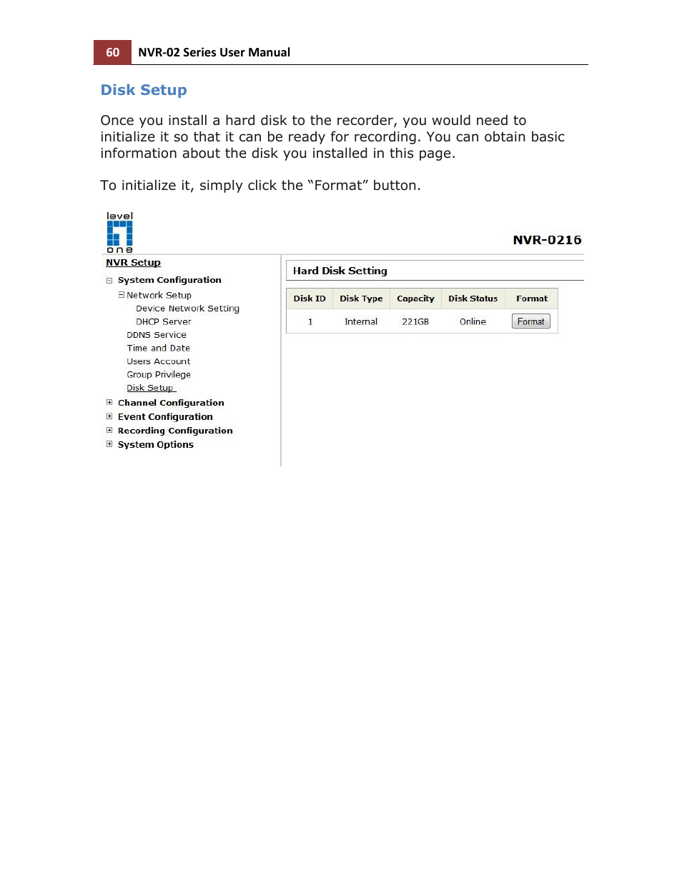 Disk setup | LevelOne NVR-0216 User Manual | Page 60 / 116