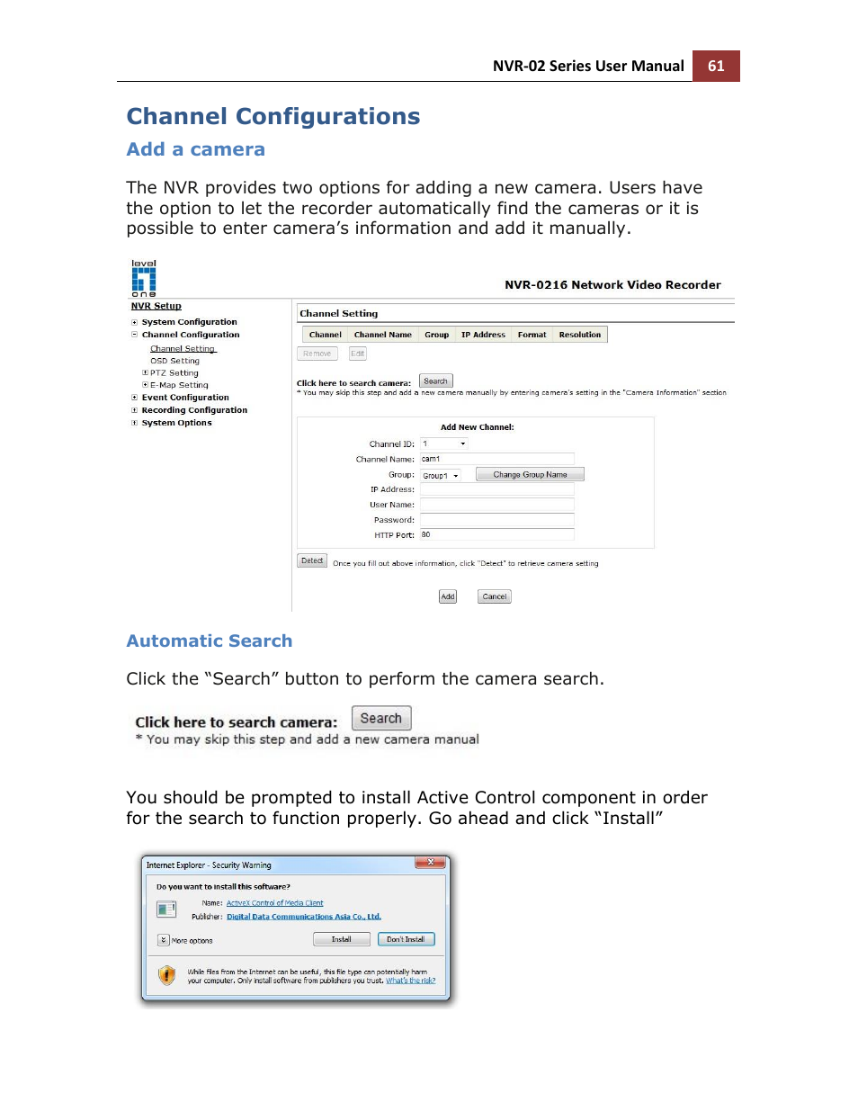 Channel configurations, Add a camera, Automatic search | LevelOne NVR-0216 User Manual | Page 61 / 116