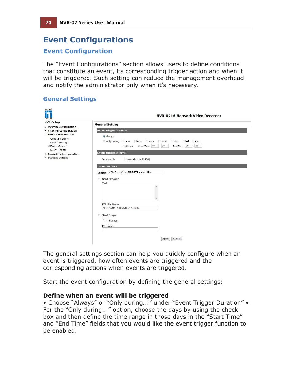 Event configurations, Event configuration, General settings | LevelOne NVR-0216 User Manual | Page 74 / 116