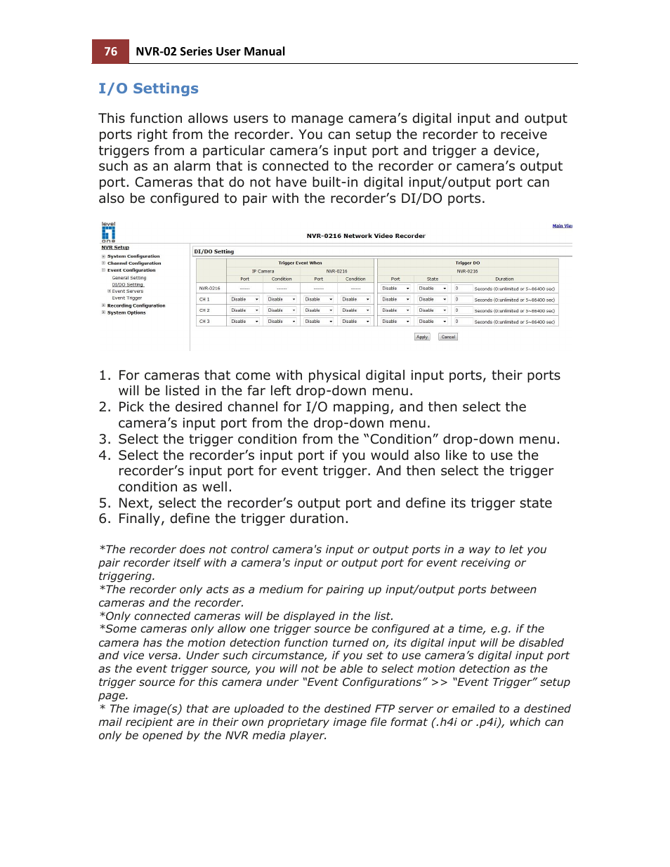 I/o settings | LevelOne NVR-0216 User Manual | Page 76 / 116