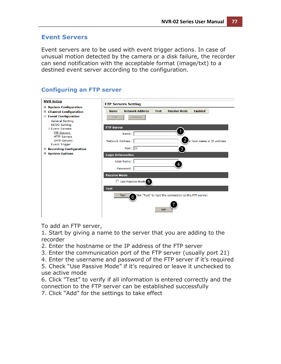 Event servers, Configuring an ftp server | LevelOne NVR-0216 User Manual | Page 77 / 116