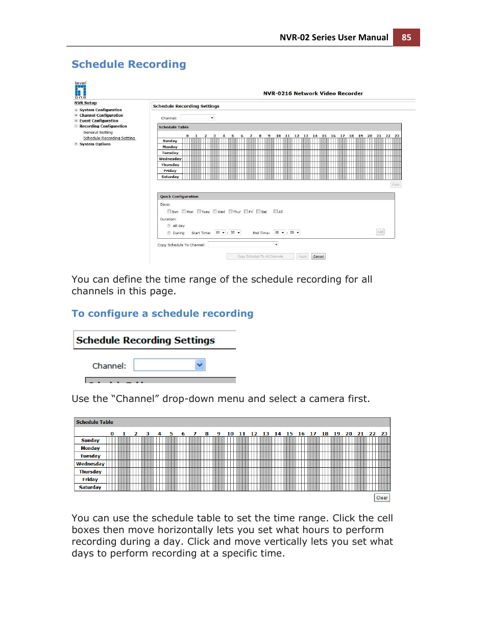 Schedule recording, To configure a schedule recording | LevelOne NVR-0216 User Manual | Page 85 / 116