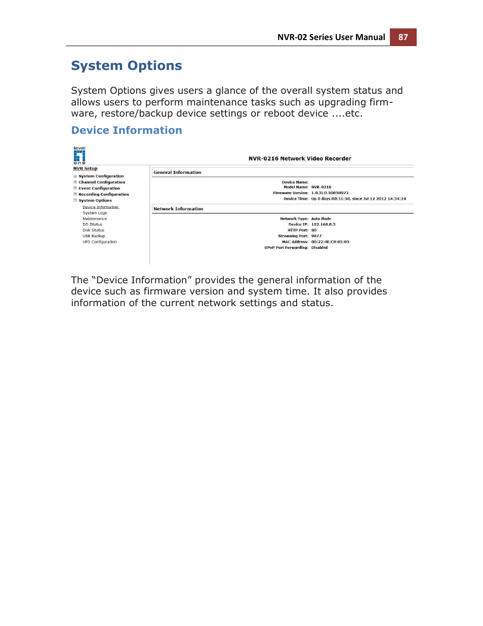 System options, Device information | LevelOne NVR-0216 User Manual | Page 87 / 116