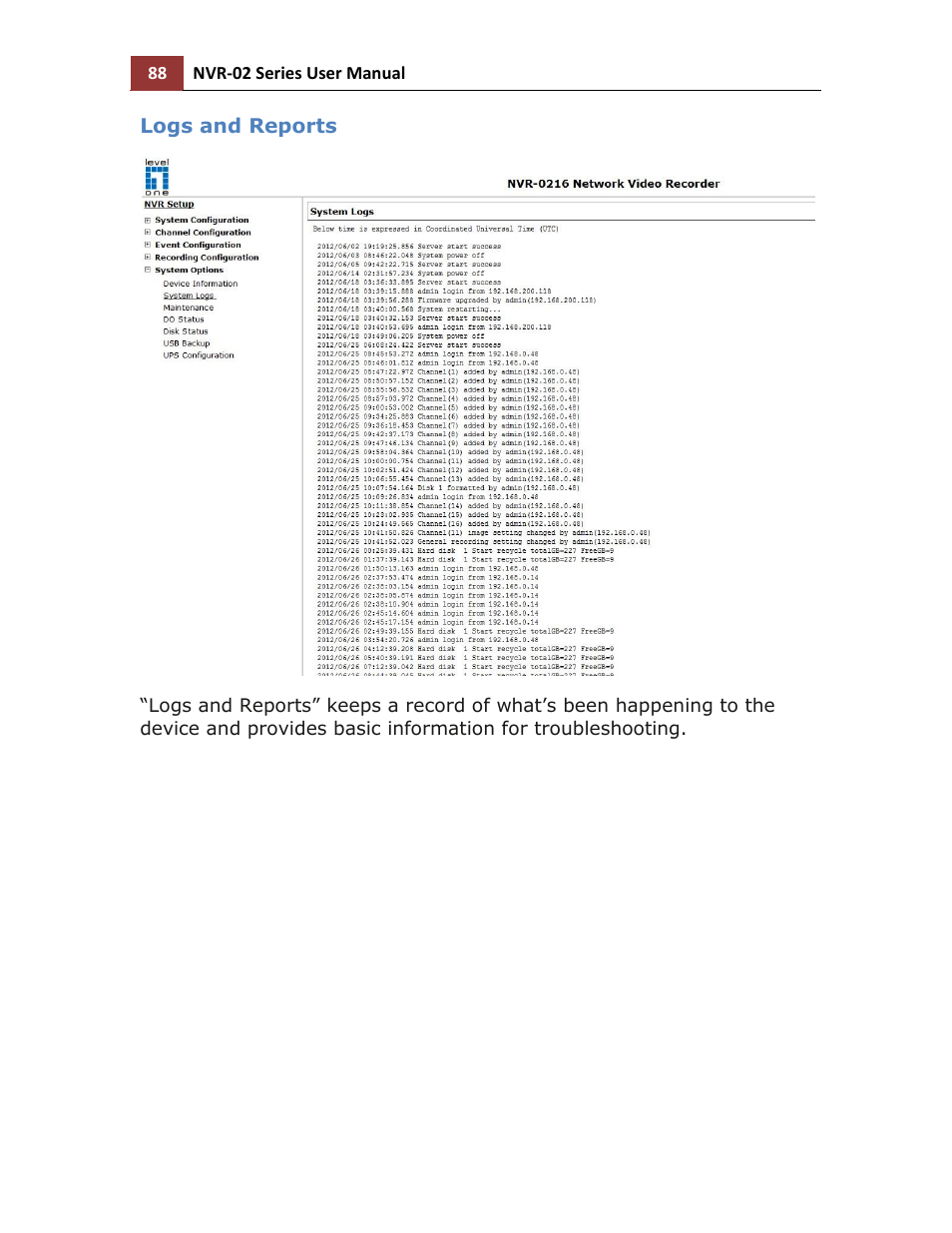 Logs and reports | LevelOne NVR-0216 User Manual | Page 88 / 116