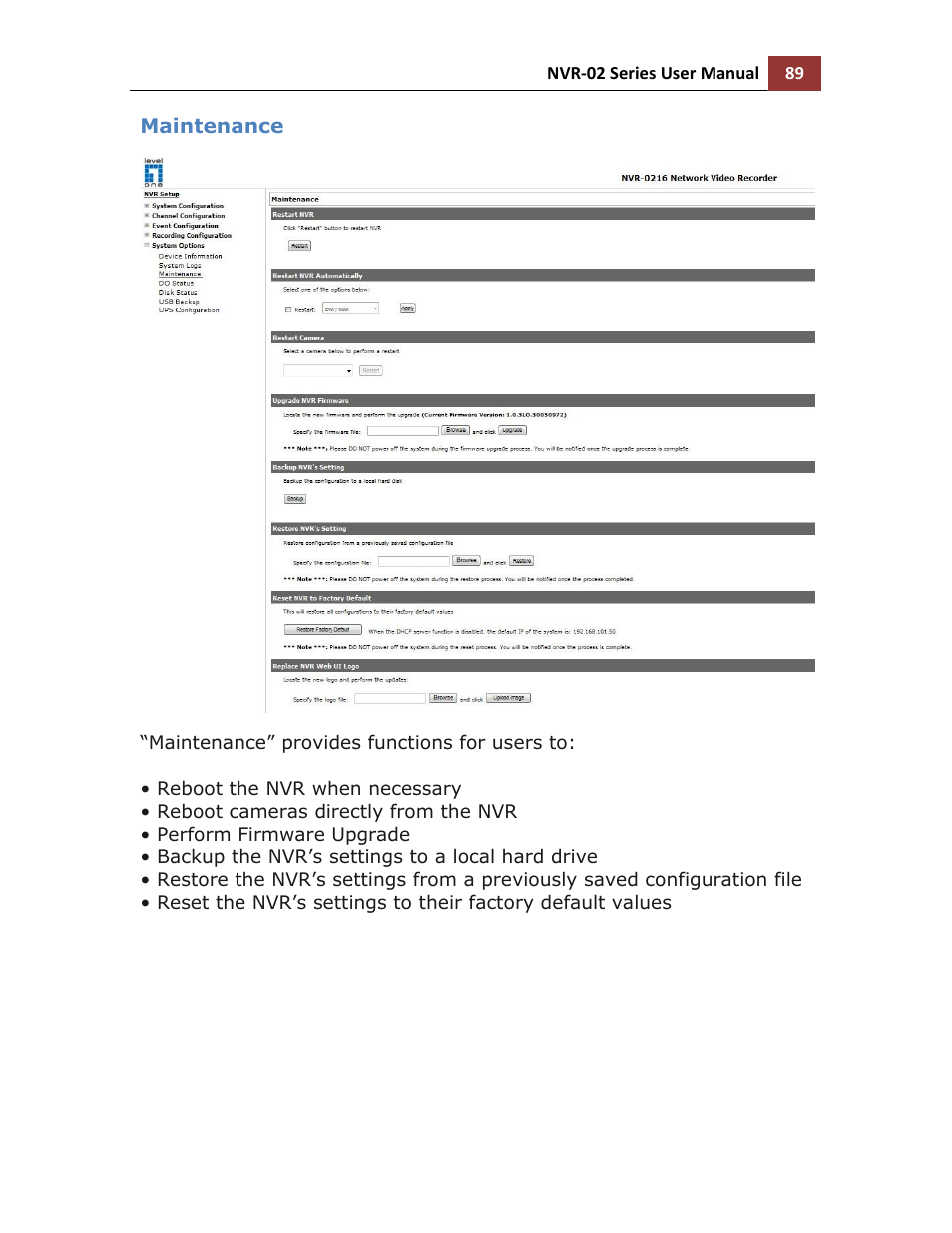 Maintenance | LevelOne NVR-0216 User Manual | Page 89 / 116