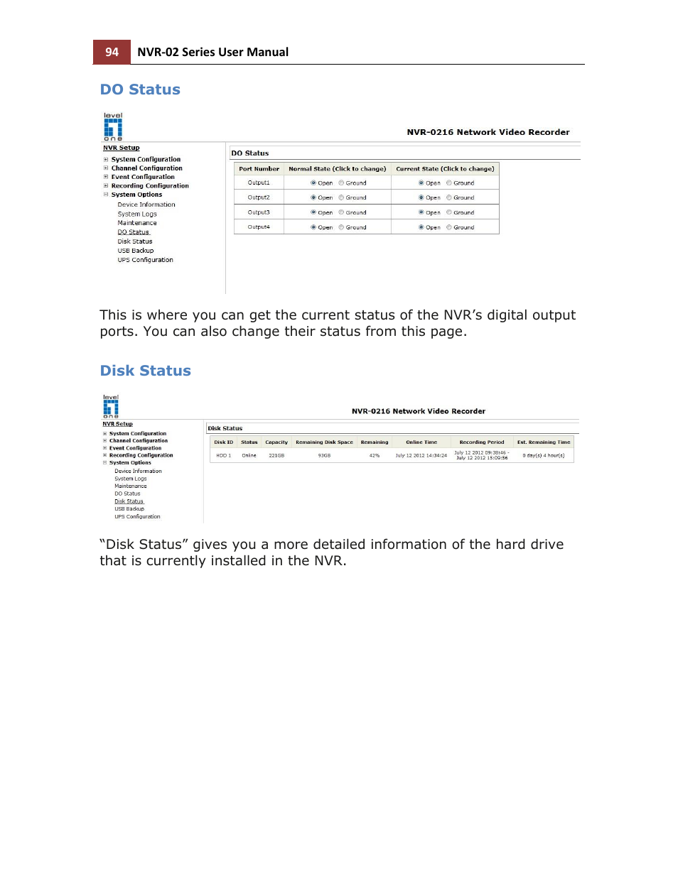 Do status, Disk status | LevelOne NVR-0216 User Manual | Page 94 / 116