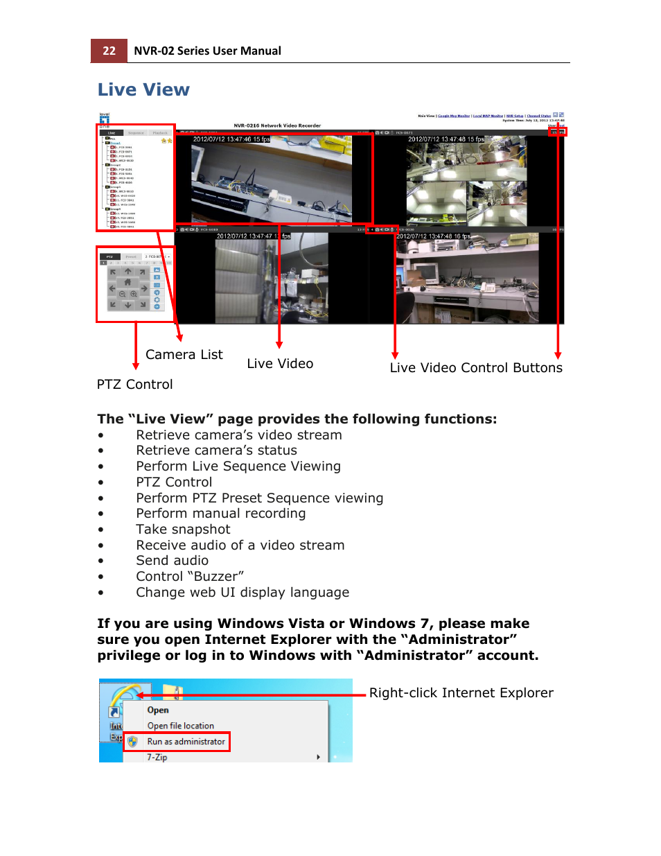 Live view | LevelOne NVR-0216 User Manual | Page 22 / 101