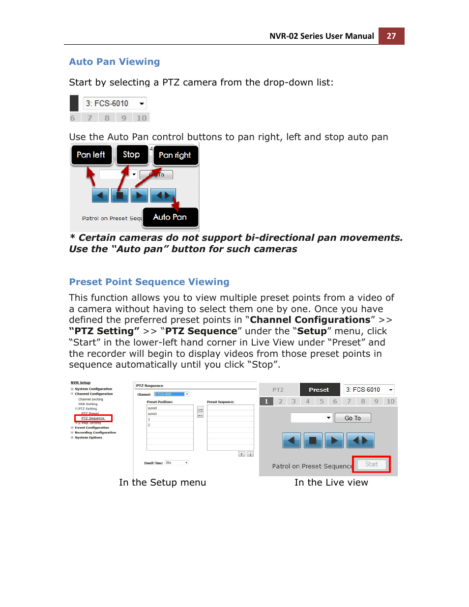 Auto pan viewing, Preset point sequence viewing | LevelOne NVR-0216 User Manual | Page 27 / 101