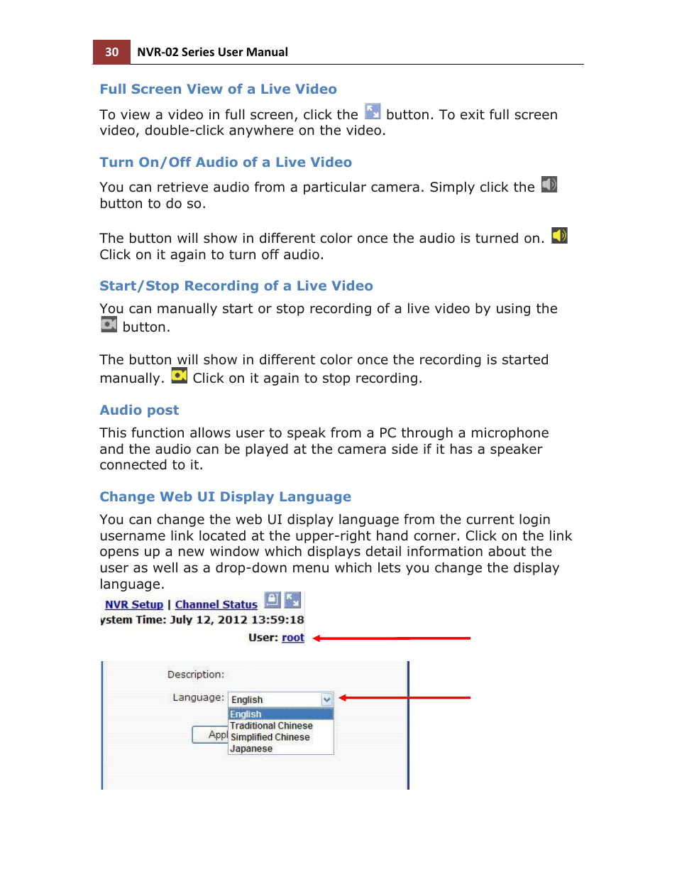 Full screen view of a live video, Turn on/off audio of a live video, Start/stop recording of a live video | Audio post, Change web ui display language | LevelOne NVR-0216 User Manual | Page 30 / 101