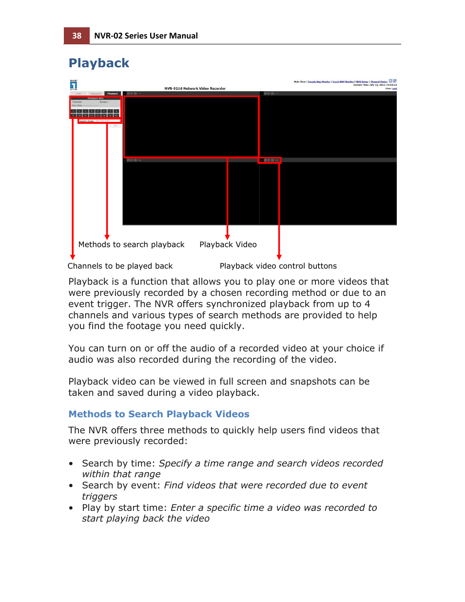 Playback, Methods to search playback videos | LevelOne NVR-0216 User Manual | Page 38 / 101