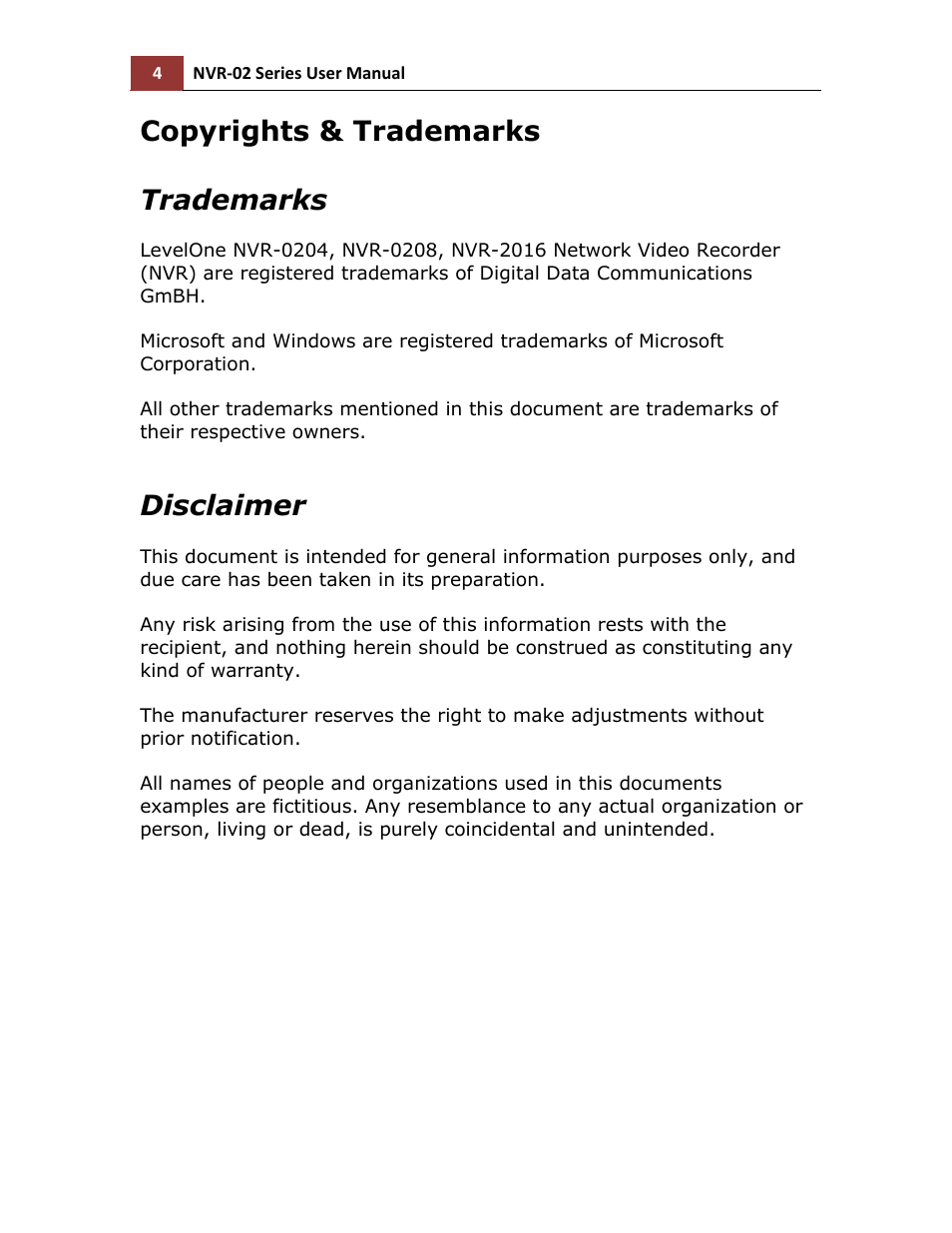Copyrights & trademarks trademarks, Disclaimer | LevelOne NVR-0216 User Manual | Page 4 / 101
