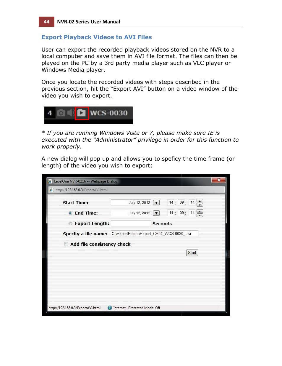 Export playback videos to avi files | LevelOne NVR-0216 User Manual | Page 44 / 101