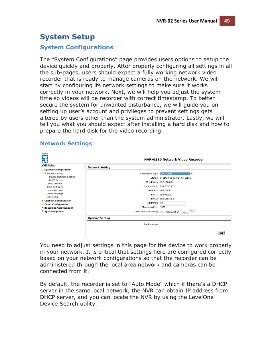 System setup, System configurations, Network settings | LevelOne NVR-0216 User Manual | Page 49 / 101