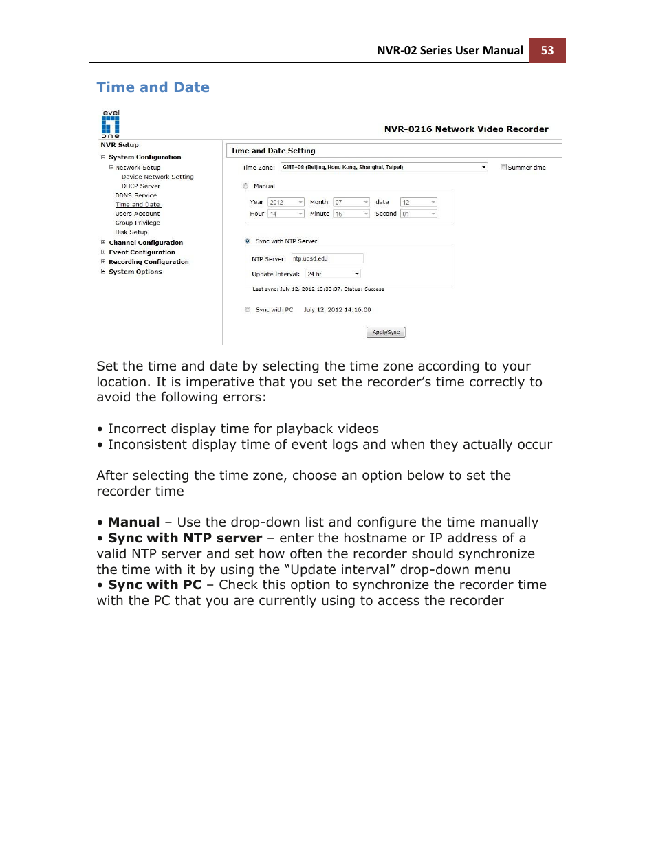 Time and date | LevelOne NVR-0216 User Manual | Page 53 / 101