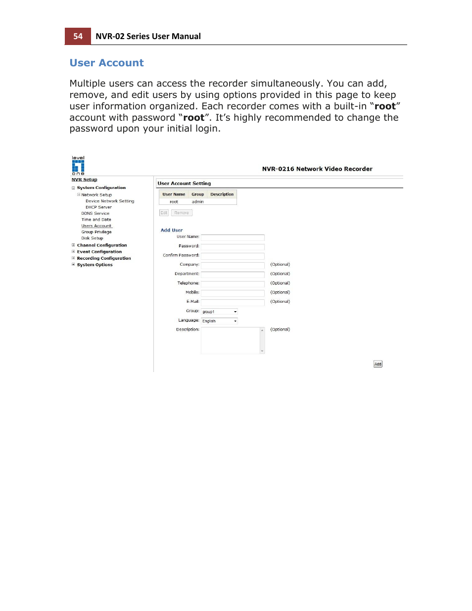 User account | LevelOne NVR-0216 User Manual | Page 54 / 101