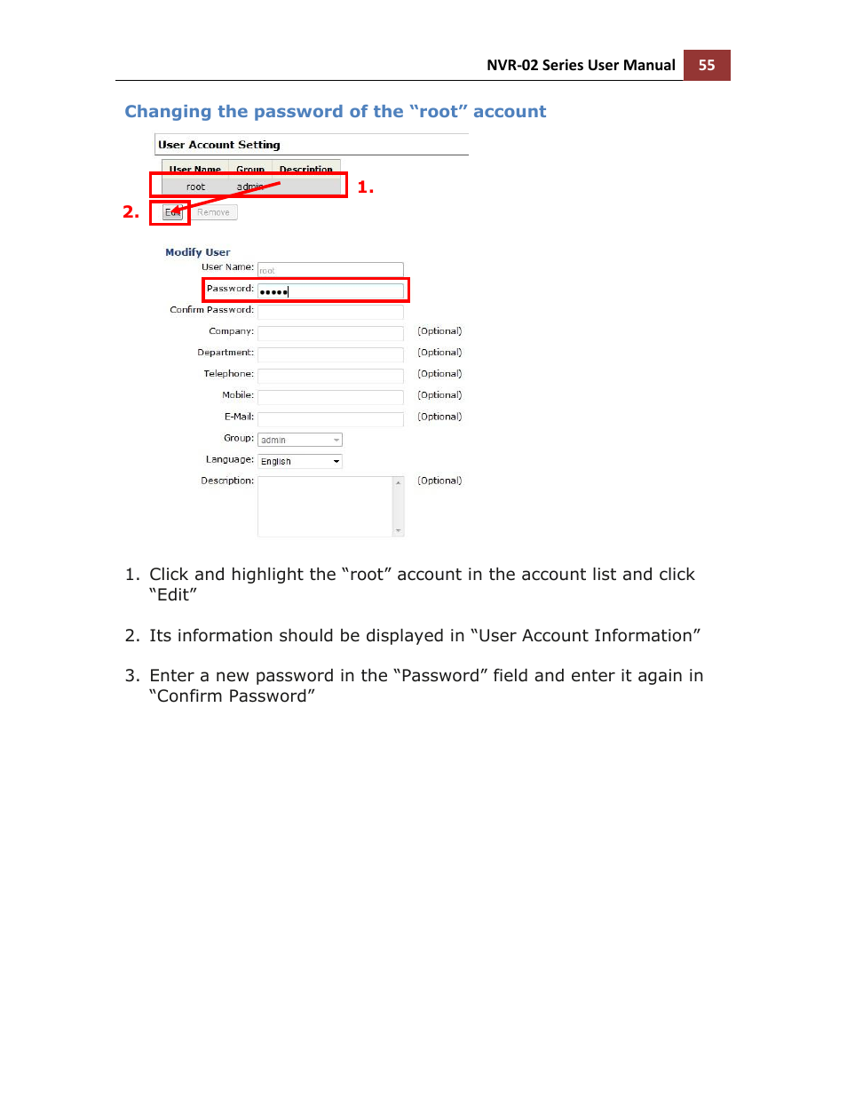 Changing the password of the “root” account | LevelOne NVR-0216 User Manual | Page 55 / 101