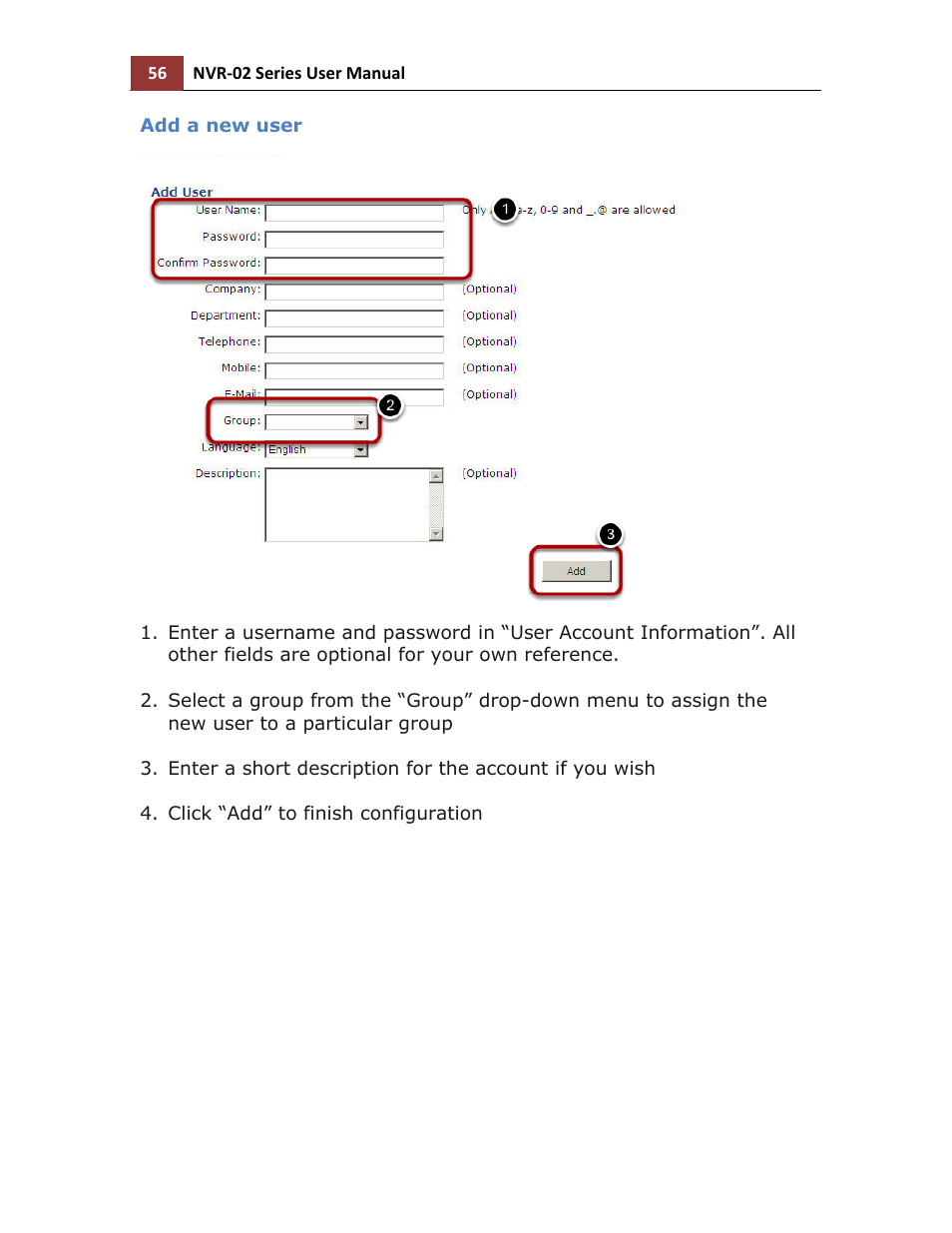 Add a new user | LevelOne NVR-0216 User Manual | Page 56 / 101