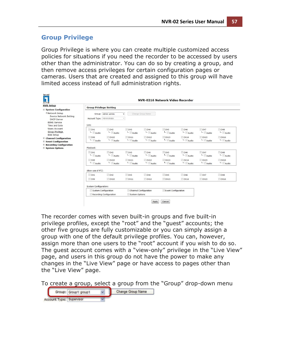 Group privilege | LevelOne NVR-0216 User Manual | Page 57 / 101