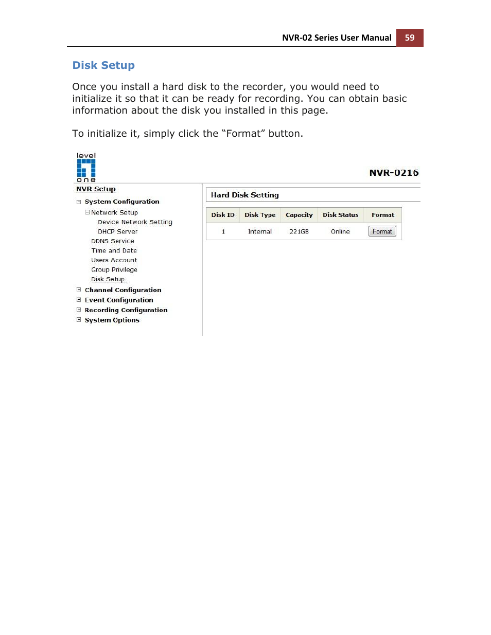 Disk setup | LevelOne NVR-0216 User Manual | Page 59 / 101