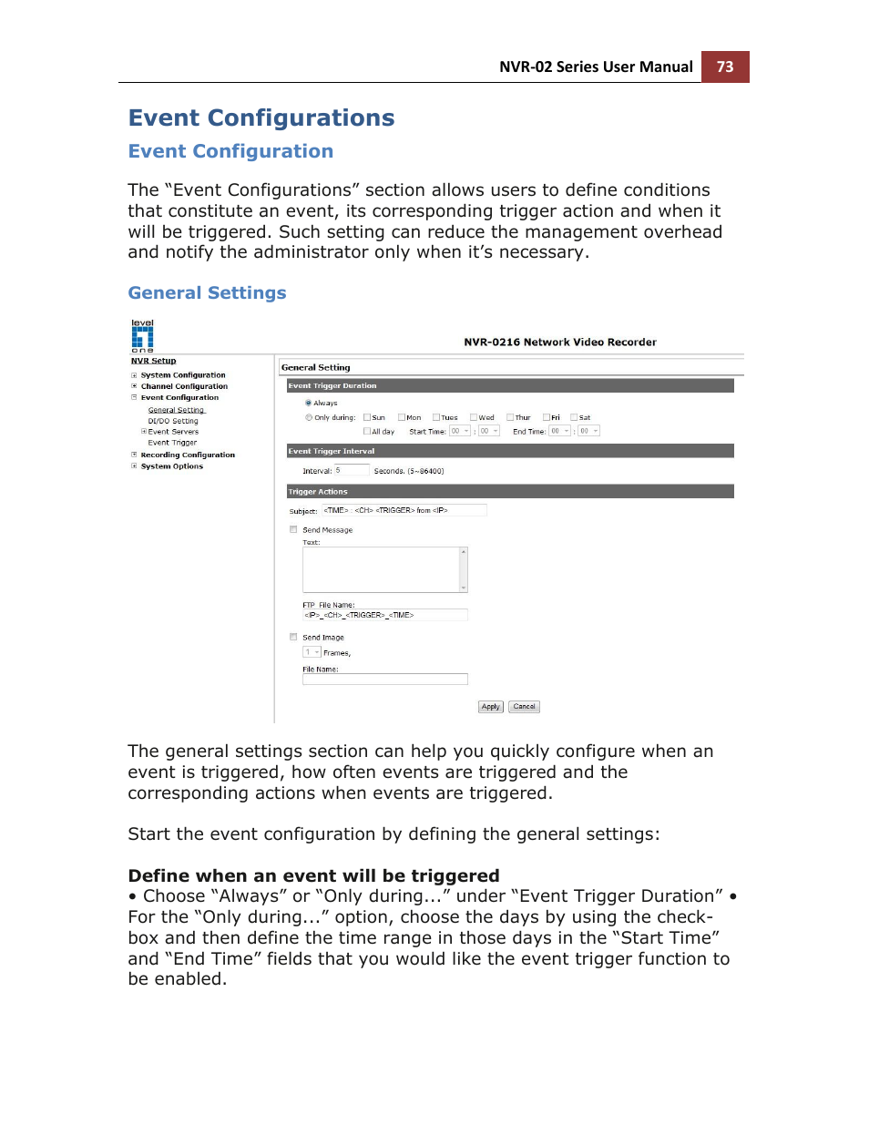 Event configurations, Event configuration, General settings | LevelOne NVR-0216 User Manual | Page 73 / 101