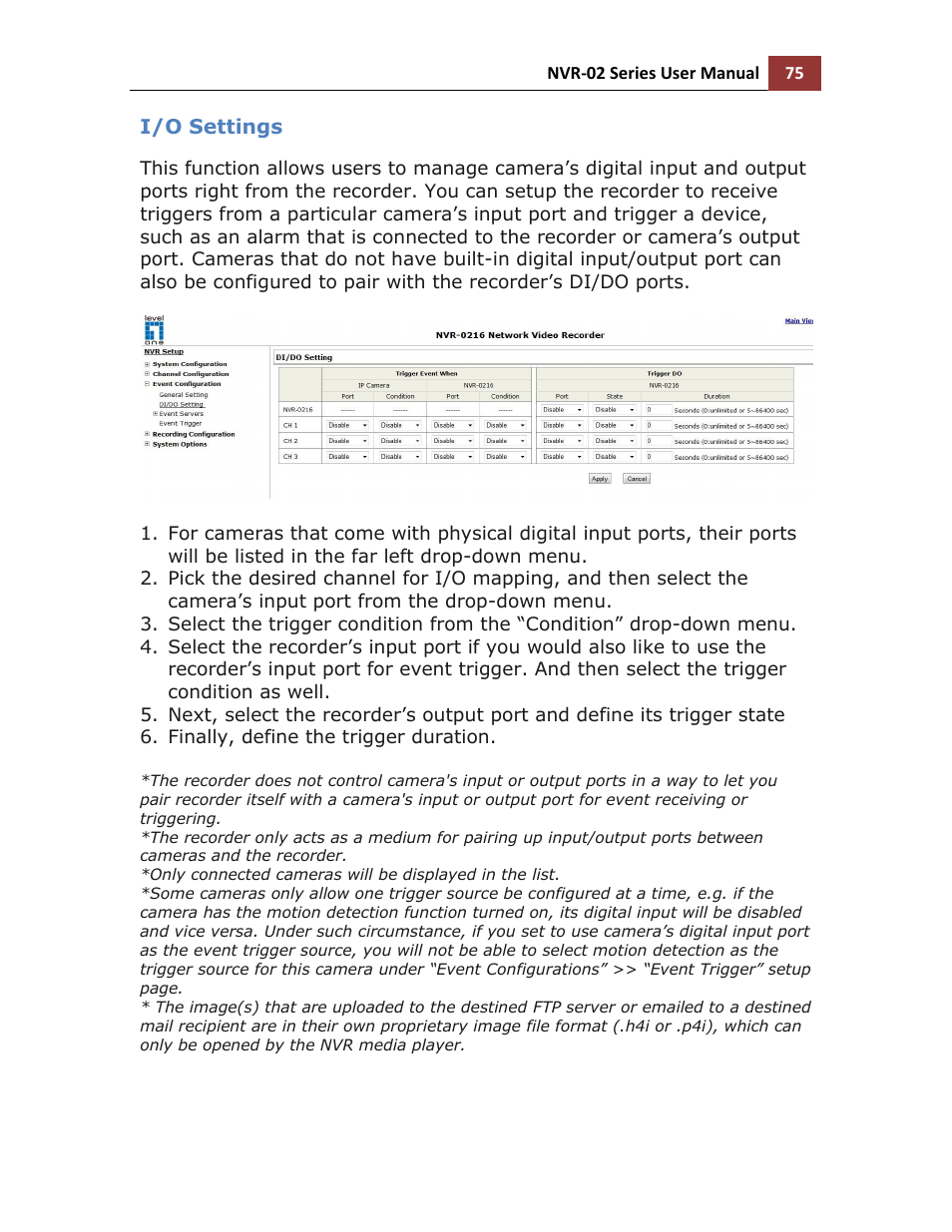 I/o settings | LevelOne NVR-0216 User Manual | Page 75 / 101