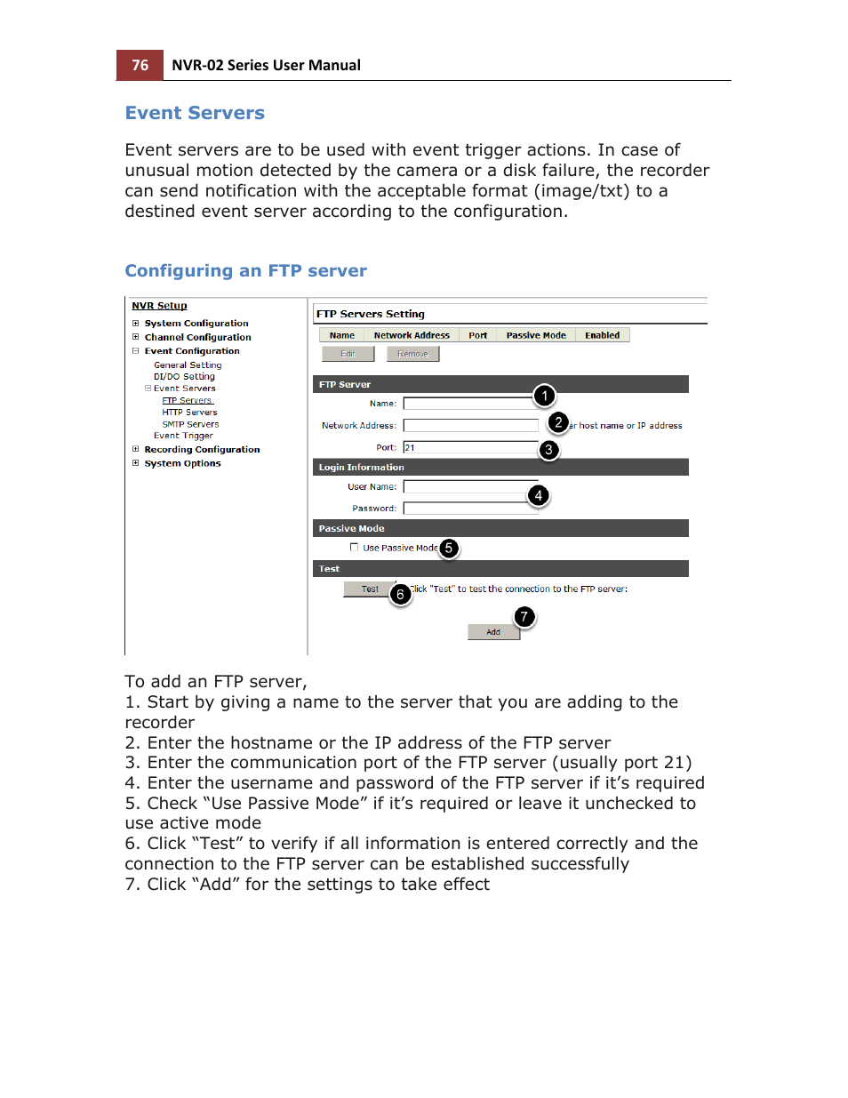 Event servers, Configuring an ftp server | LevelOne NVR-0216 User Manual | Page 76 / 101