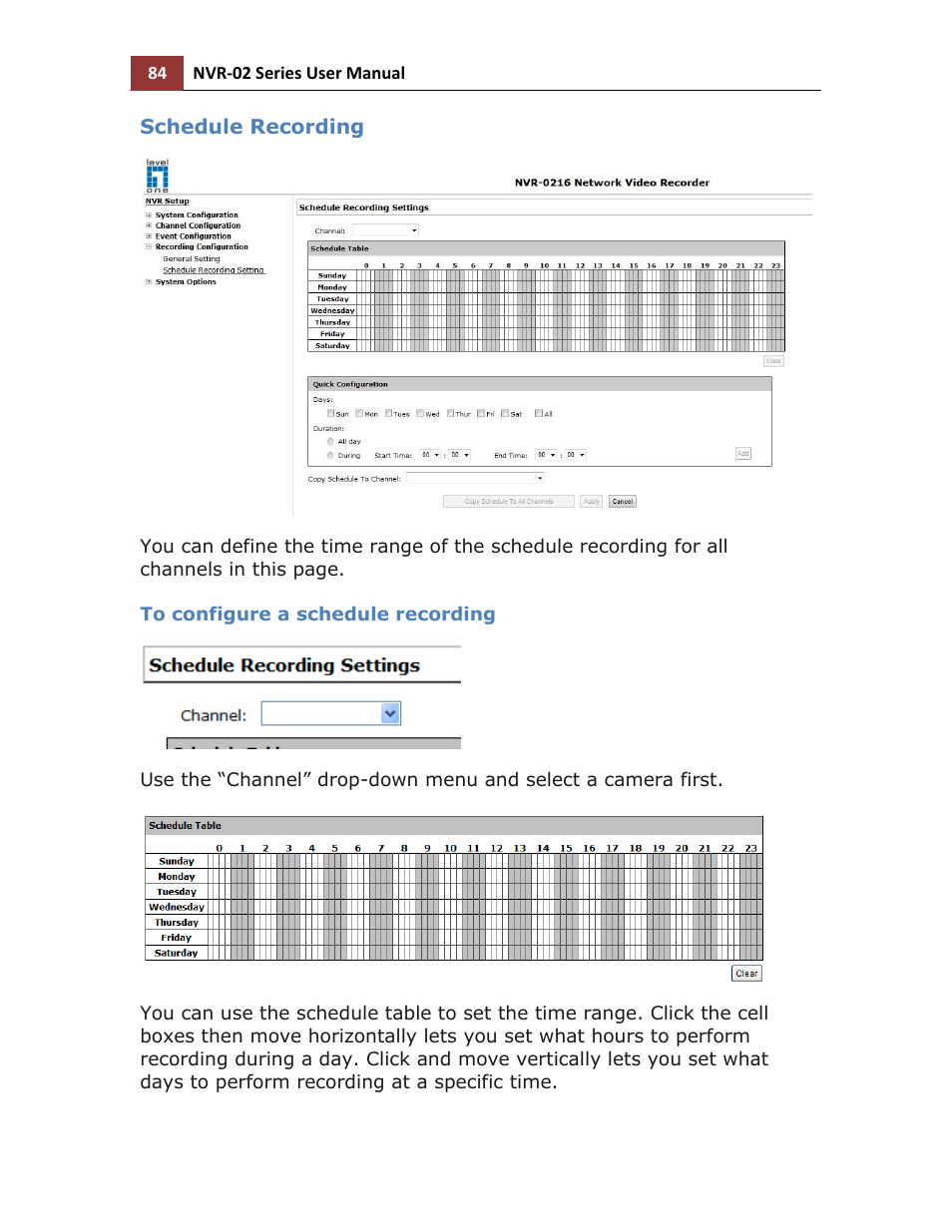 Schedule recording, To configure a schedule recording | LevelOne NVR-0216 User Manual | Page 84 / 101