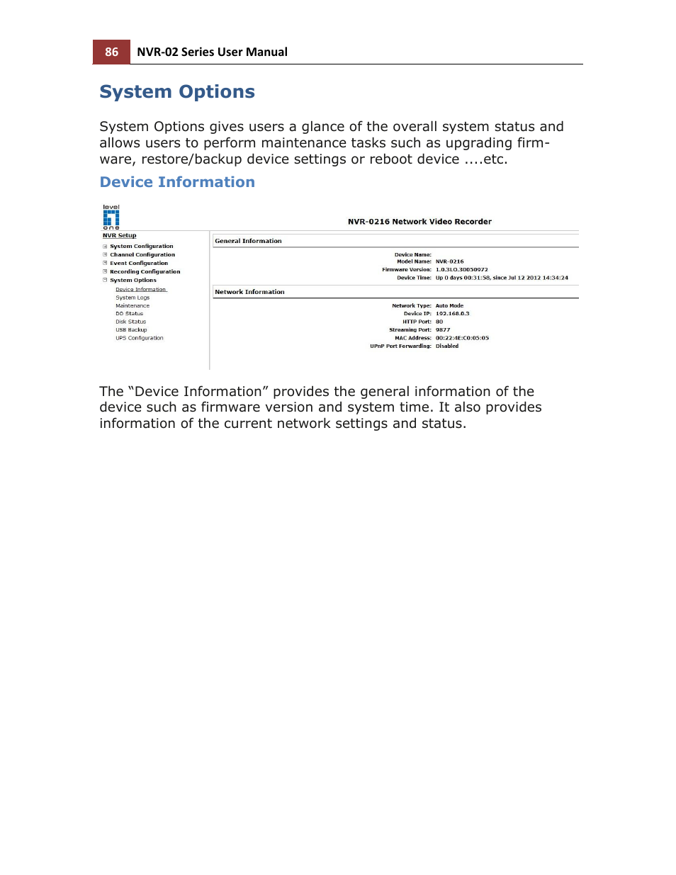 System options, Device information | LevelOne NVR-0216 User Manual | Page 86 / 101