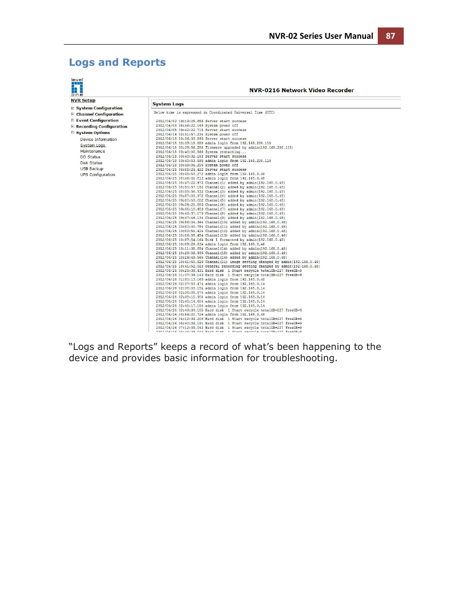 Logs and reports | LevelOne NVR-0216 User Manual | Page 87 / 101