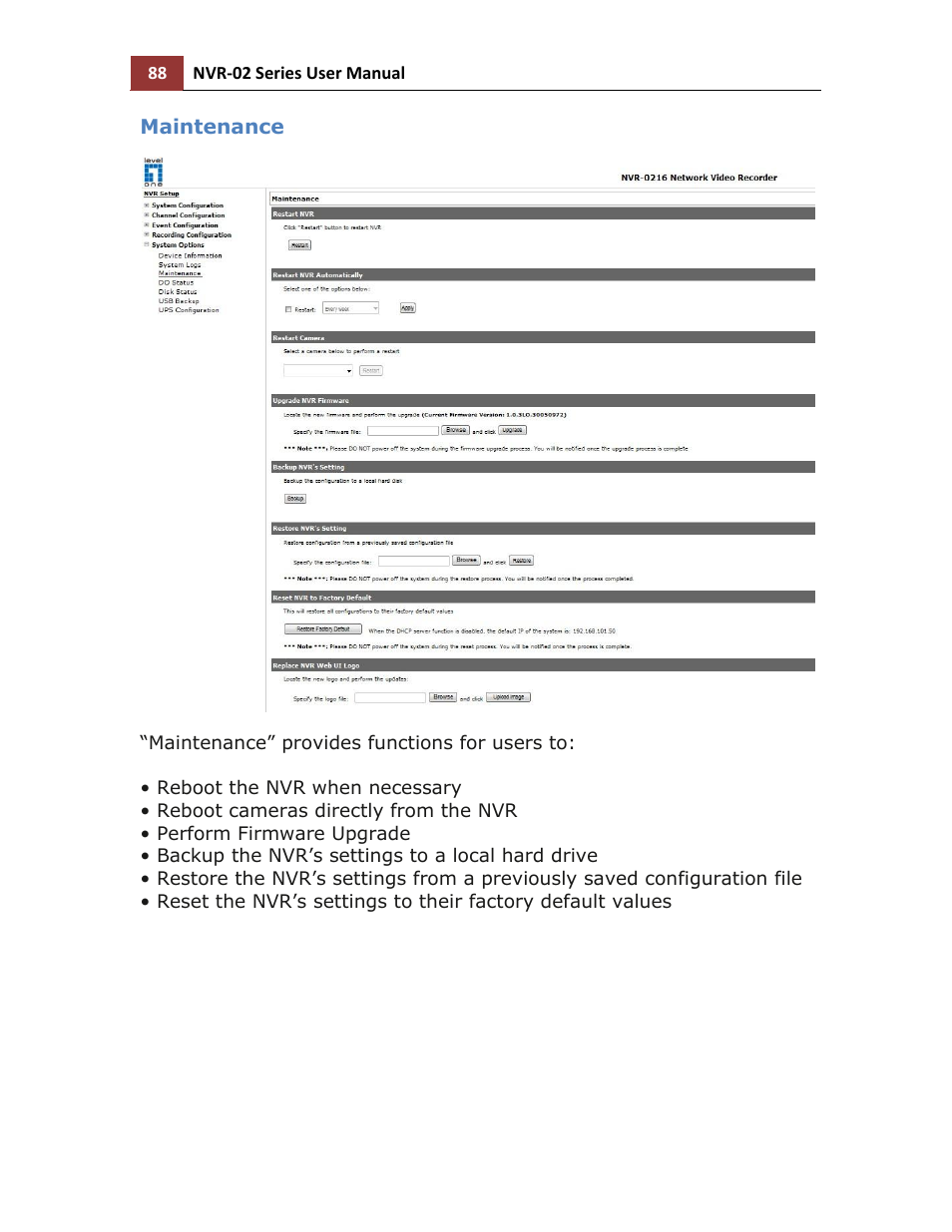 Maintenance | LevelOne NVR-0216 User Manual | Page 88 / 101