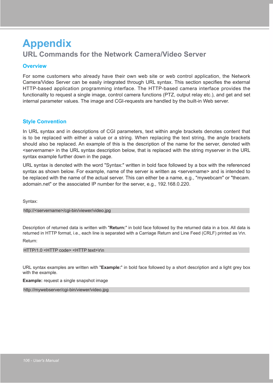 Appendix, Url commands for the network camera/video server | LevelOne FCS-7111 User Manual | Page 106 / 143