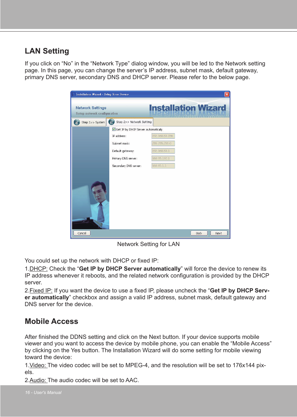 Lan setting, Mobile access | LevelOne FCS-7111 User Manual | Page 16 / 143