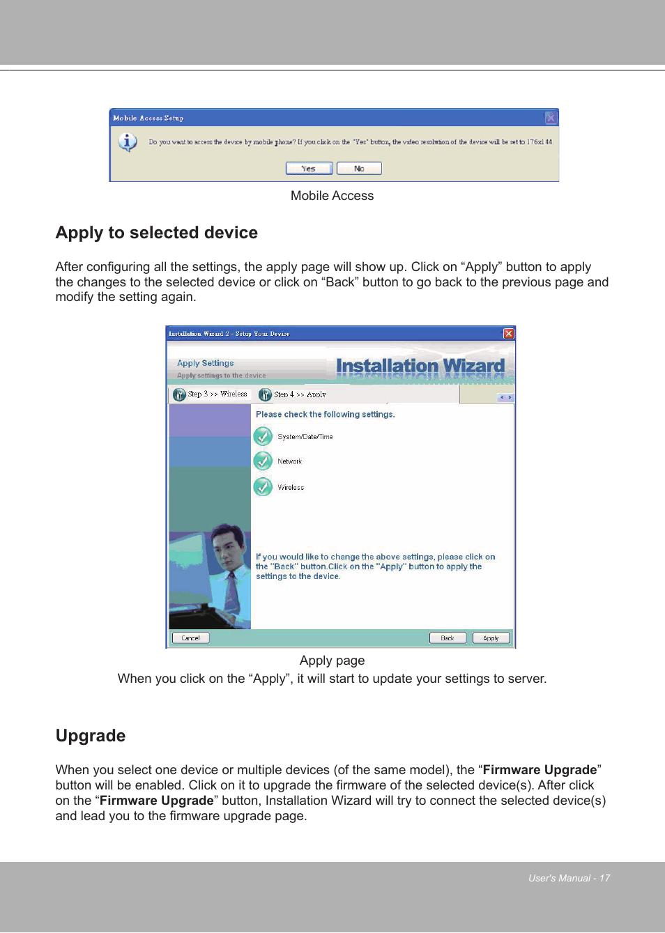 Apply to selected device, Upgrade | LevelOne FCS-7111 User Manual | Page 17 / 143