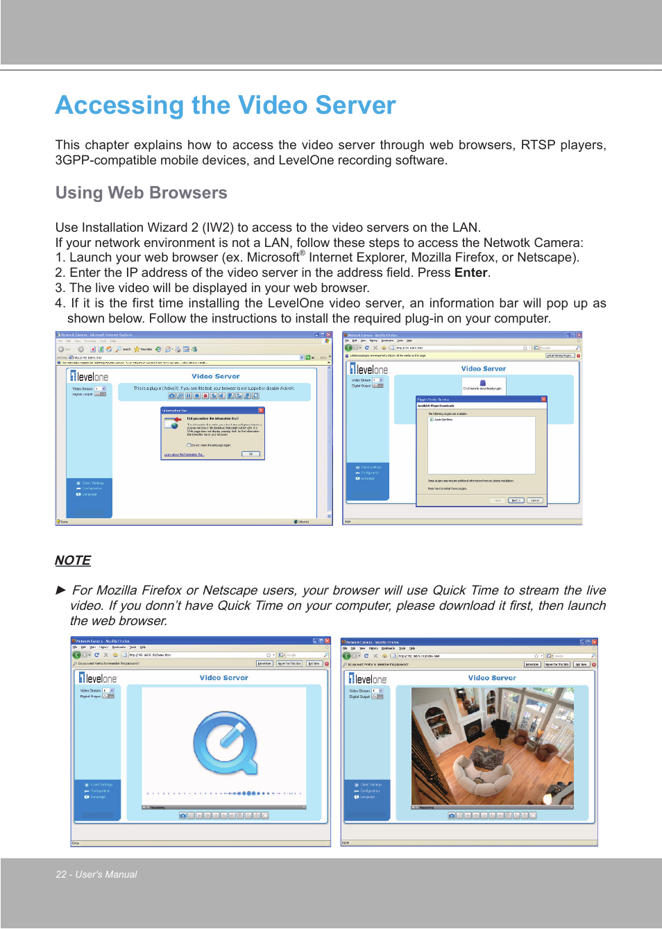 Accessing the video server, Using web browsers | LevelOne FCS-7111 User Manual | Page 22 / 143