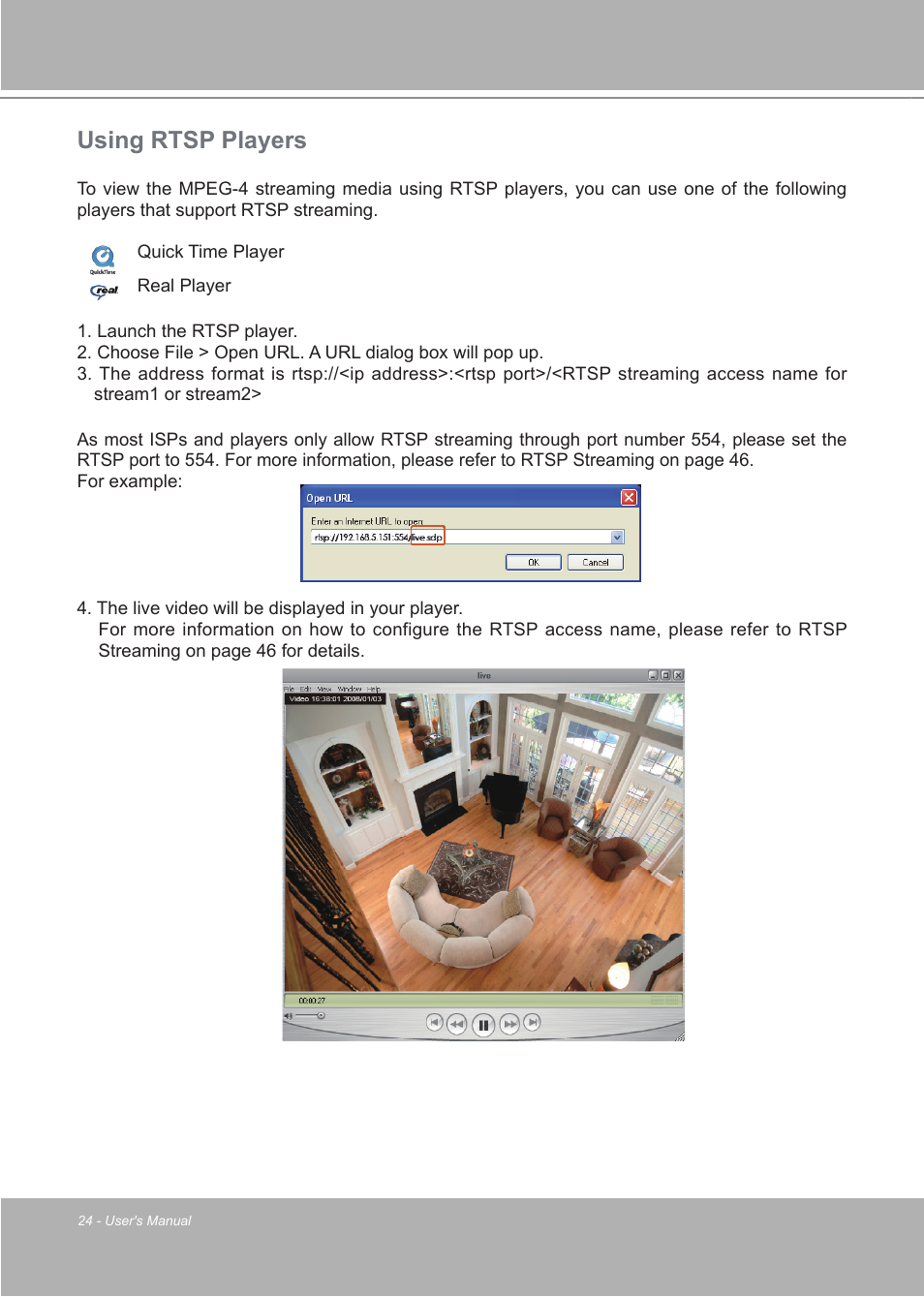 Using rtsp players | LevelOne FCS-7111 User Manual | Page 24 / 143